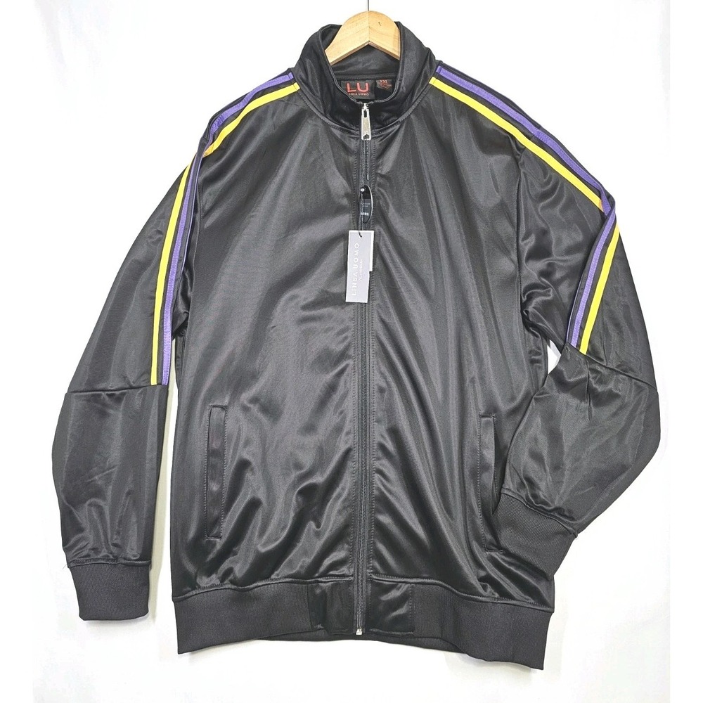 Linea Uomo LU Track Jacket Mens 2XL Black Purple Stripes Velour Full Zip Coat
